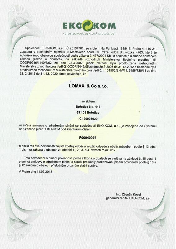 LOMAX - certifikát EKO-KOM