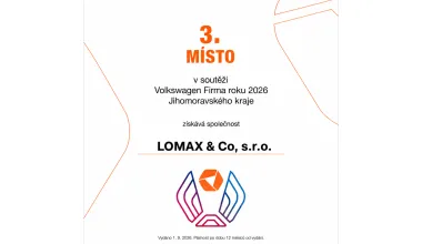 Certifikát pro LOMAX za 3. místo v soutěži Volkswagen Firma roku 2026 Jihomoravského kraje